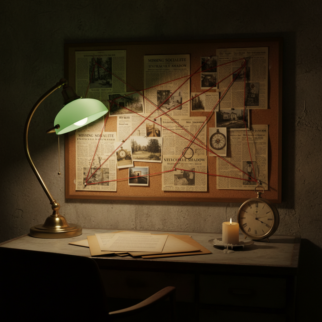 A meticulously arranged corkboard on a concrete bunker wall, covered with yellowed newspaper clippings about unsolved murders, red string connecting pinned evidence photos of locations and objects, but never faces. A tarnished brass desk lamp with a green glass shade pools warm light over the center of the board, while the rest of the room recedes into velvety darkness. On a metal desk beneath the board rests an open manila file, a half-melted candle, and a ticking analog clock reading midnight. Captured in a cinematic, low-angle close-up with dramatic chiaroscuro lighting, the atmosphere feels obsessive, conspiratorial, and ominously quiet, as though the room itself is keeping terrible secrets.