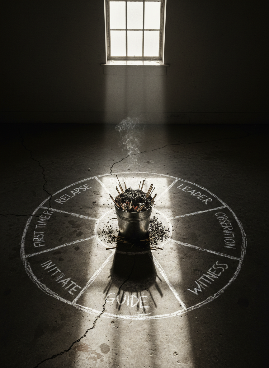 An overhead cinematic shot of a circular meeting layout drawn in chalk on a cracked concrete floor, each spot labeled with a role like “RELAPSE,” “FIRST TIMER,” “LEADER,” and “OBSERVATION,” but no chairs or people present. In the center of the circle stands a stainless steel bucket filled with shredded documents and burned matchsticks, faint smoke still curling upward. A single high window casts a narrow beam of late-afternoon light that slices across the circle, leaving most of the room in shadow. The overall mood is ritualistic and occult-like, as if violence is being treated as a dark addiction. The image is rendered in gritty, cinematic realism with strong contrast and moody textures.