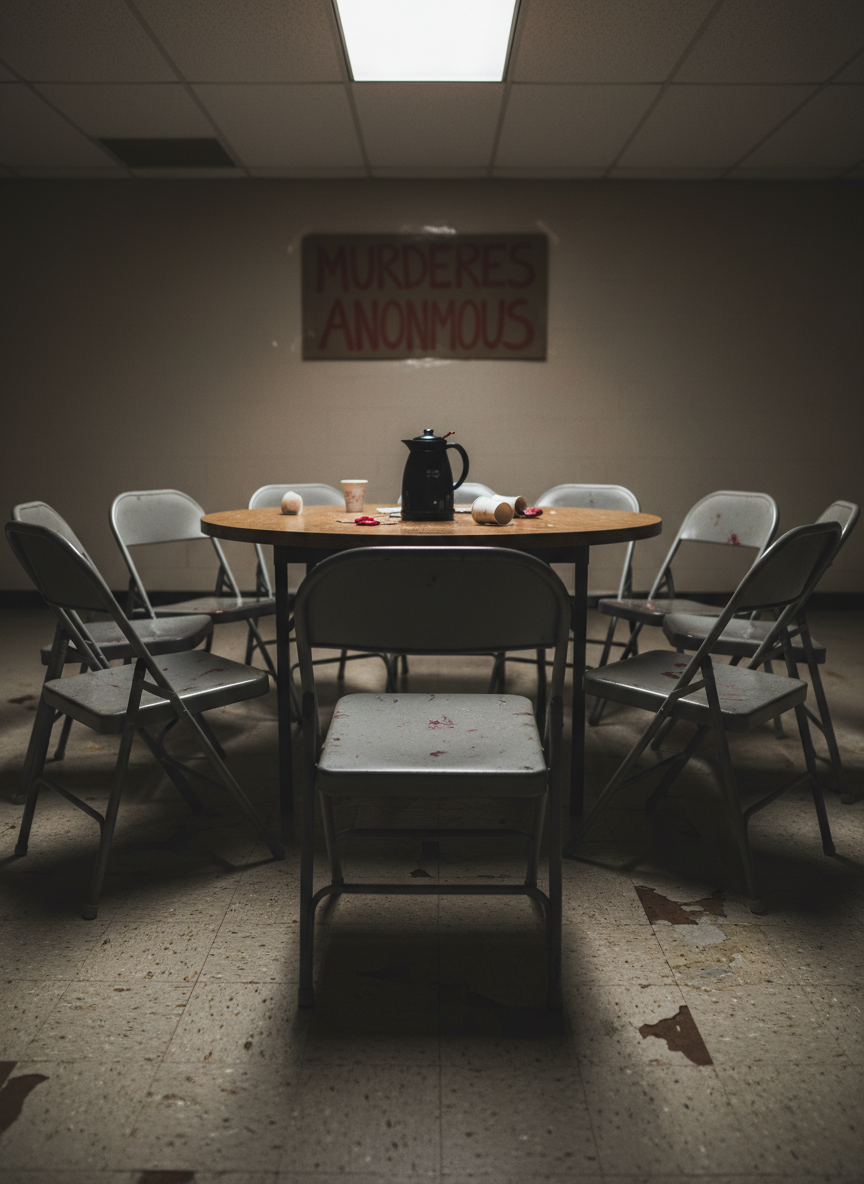 A dimly lit church basement converted into a recovery meeting room, folding metal chairs arranged in a perfect circle around a single, scarred wooden table. At the center sits a battered black metal coffee urn, lipstick-smeared paper cups discarded and crumpled nearby, but with no visible people. Fluorescent ceiling lights flicker intermittently, casting harsh, cinematic shadows that stretch across stained linoleum tiles. A handmade cardboard sign on the wall reads “MURDERERS ANONYMOUS” in uneven red marker, slightly out of focus. Shot at eye level with a shallow depth of field, emphasizing the empty chair closest to the camera, the mood is dark, tense, and foreboding, evoking a gritty thriller atmosphere in photo-realistic cinematic style.
