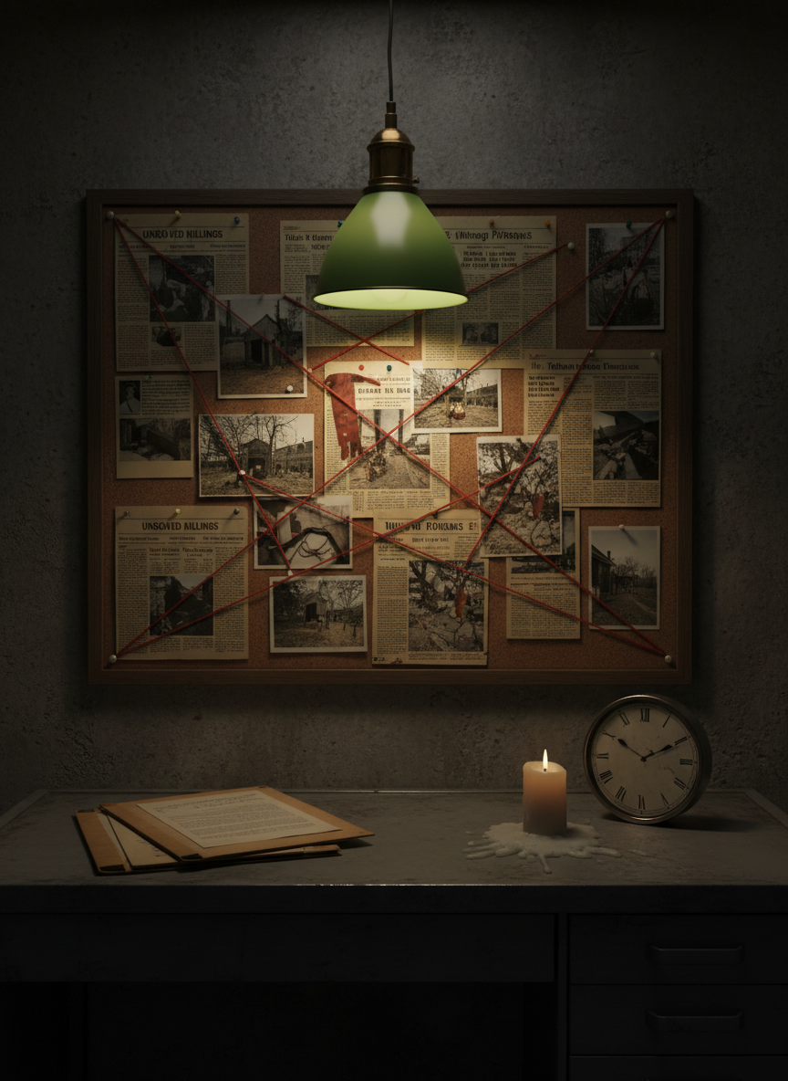 A meticulously arranged corkboard on a concrete bunker wall, covered with yellowed newspaper clippings about unsolved murders, red string connecting pinned evidence photos of locations and objects, but never faces. A tarnished brass desk lamp with a green glass shade pools warm light over the center of the board, while the rest of the room recedes into velvety darkness. On a metal desk beneath the board rests an open manila file, a half-melted candle, and a ticking analog clock reading midnight. Captured in a cinematic, low-angle close-up with dramatic chiaroscuro lighting, the atmosphere feels obsessive, conspiratorial, and ominously quiet, as though the room itself is keeping terrible secrets.