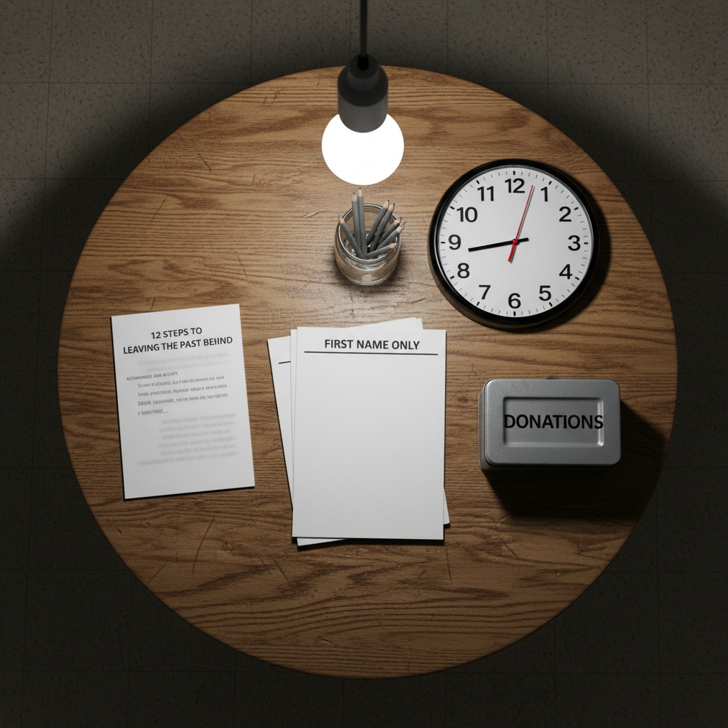 A round oak table in a small, windowless community room, its surface crowded with anonymous confession tools: a stack of blank sign-in sheets labeled “FIRST NAME ONLY,” a jar of dull pencils, a cheap plastic clock ticking loudly on the wall, and a metal cash box labeled “DONATIONS.” Beside them lies a single, neatly folded sheet titled “12 Steps to Leaving the Past Behind,” with ominously vague language visible. Overhead, a bare bulb dangles, casting stark, top-down cinematic lighting that carves hard-edged shadows across the table’s wood grain. Framed from directly above in a bird’s-eye view, the composition feels clinical yet unsettling, emphasizing ritual, secrecy, and the struggle to shed violent habits.