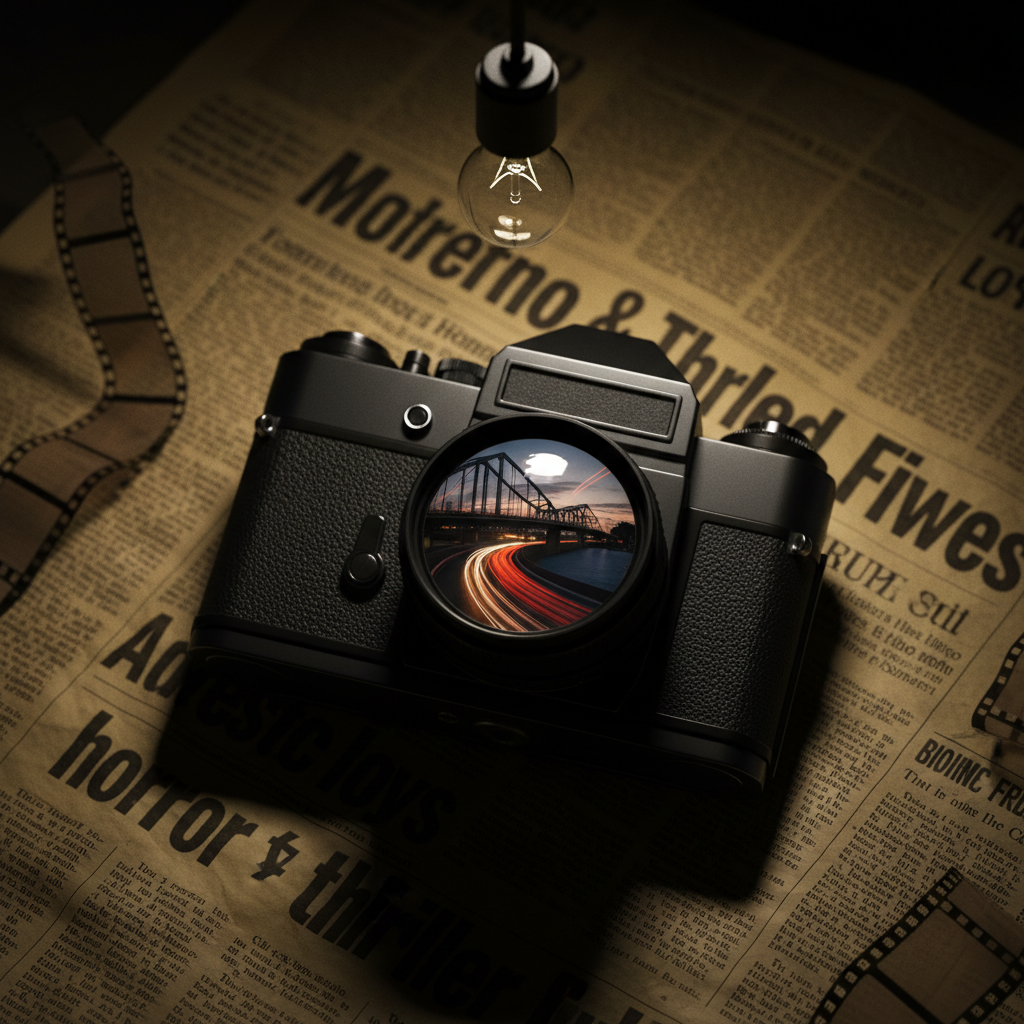 A close-up, photographic shot of a vintage 35mm film camera customized in matte black and dark gunmetal, resting atop a spread of old newspaper pages announcing upcoming horror and thriller releases. Headlines are implied through bold shapes without legible text, adding a sense of breaking news. The camera’s lens reflects a distorted image of Pittsburgh’s bridges at dusk, streaked with red taillights like veins. A single overhead tungsten bulb casts harsh, noir-style lighting, creating deep shadows between the newspaper folds. Subtle icons shaped like film strips curl at the page edges, hinting at social feeds and updates. Captured from a slightly elevated angle with a shallow depth of field, the mood is investigative, gritty, and intensely cinematic.