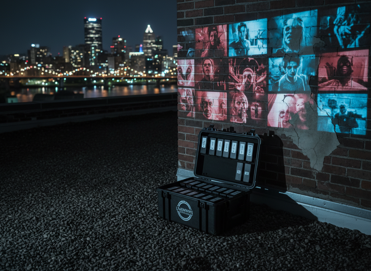 A brooding rooftop scene in Pittsburgh at midnight, captured in photographic realism. On the gravel rooftop, a portable projector beams a blood-red and icy-blue collage of horror and thriller film stills against a brick wall water-stained and cracked. At the base of the wall, a rugged, matte-black equipment case branded with the “Unknown Pictures” emblem is open, filled with neatly arranged drives labeled with cryptic, upcoming movie titles in illegible glyphs. The city skyline looms beyond, slightly blurred, rivers gleaming like dark glass. Cool ambient moonlight contrasts with the projector’s harsh glow, casting long, angular shadows. Framed at a three-quarter angle with medium depth of field, the atmosphere is clandestine and suspenseful, like a secret briefing for genre insiders.