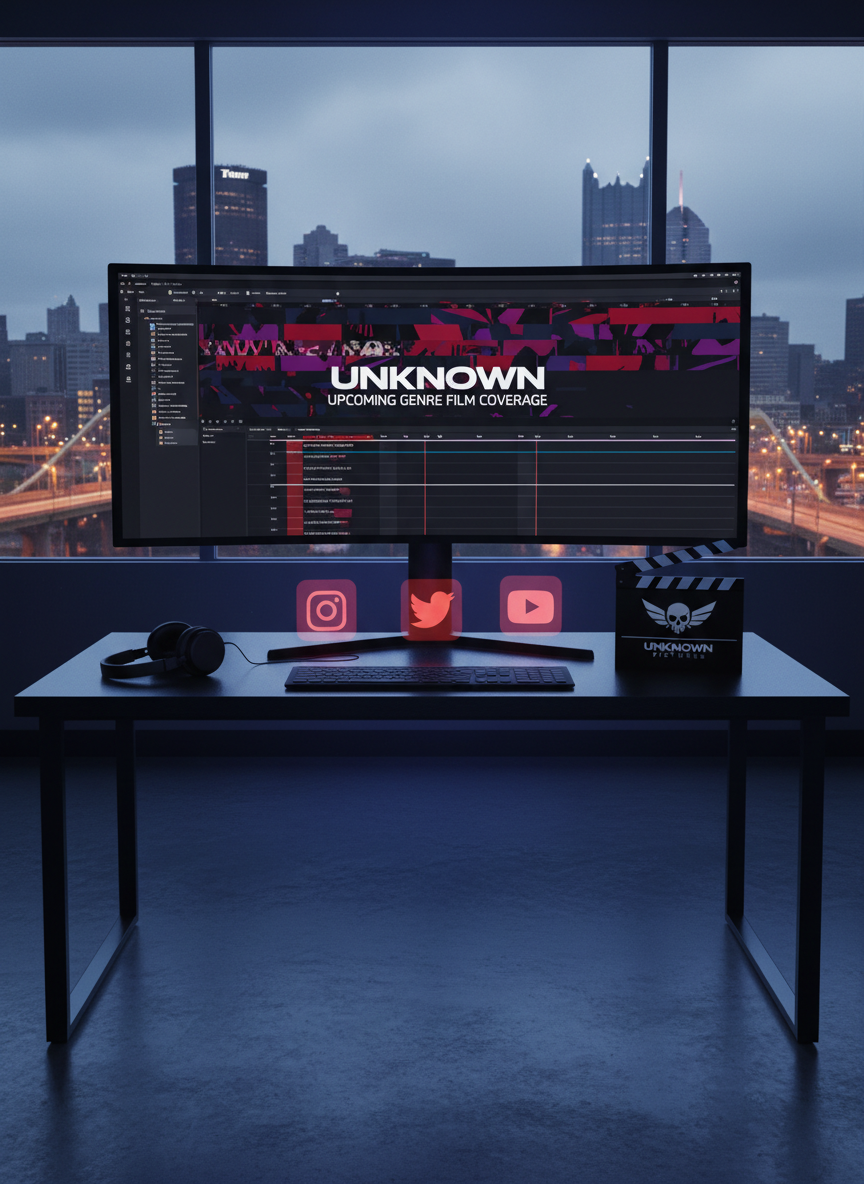 An ultra-modern editing suite bathed in low, bluish light, centered on a large, curved monitor displaying a dark film timeline filled with jagged horror and thriller clips. The desk is brushed black metal, scattered with minimalist headphones, a clapperboard bearing the “Unknown Pictures” logo, and three small holographic-style icons suggesting social media platforms, glowing faintly red. Through a wide window beyond the screens, Pittsburgh’s skyline is visible under heavy clouds, bridges outlined in sodium-orange streetlights. Dramatic side lighting from the monitors casts eerie reflections on the desk’s surface. Photographic realism, captured from a slightly elevated angle with sharp focus, creating a brooding, high-tech newsroom atmosphere for upcoming genre film coverage.