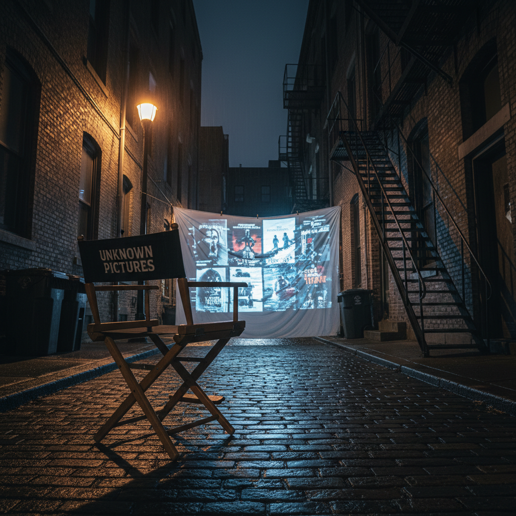 A night-shrouded alleyway in downtown Pittsburgh, rendered in photographic realism, wet cobblestones glistening under a lone flickering streetlamp. In the foreground, a weathered director’s chair with “Unknown Pictures” printed on the back faces an improvised outdoor screen made from an old white sheet stretched between two fire escapes. The sheet shows a ghostly, fragmented montage of horror and thriller movie posters, edges blurred and distorted like a glitch. Cold moonlight mixes with the jaundiced lamp, creating long, unsettling shadows. Shot from a low-angle perspective with the chair looming in the frame, the composition uses the rule of thirds and deep depth of field, evoking an underground, cult-cinema vibe for a film news and discovery site.