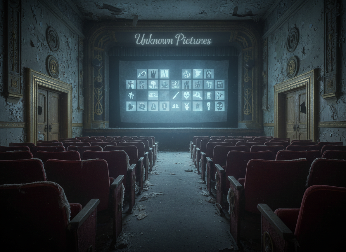 Inside an abandoned, decaying theater in photographic realism, rows of torn velvet seats recede into darkness. At center stage, an old movie screen glows with a dim, icy-blue light, covered by a grid of small, pulsing thumbnails that represent upcoming horror and thriller films—monsters, silhouettes, knives, and haunted houses suggested in abstract forms. Above the screen, a faint projection of the “Unknown Pictures” logo hovers like a specter. Light seeps in through cracked side doors, revealing dust motes and crumbling Art Deco details. The mood is chilling yet inviting, as if this is a secret hub for genre fans. Shot from the back of the auditorium at eye level, using leading lines from the seats to draw the eye to the glowing news screen.